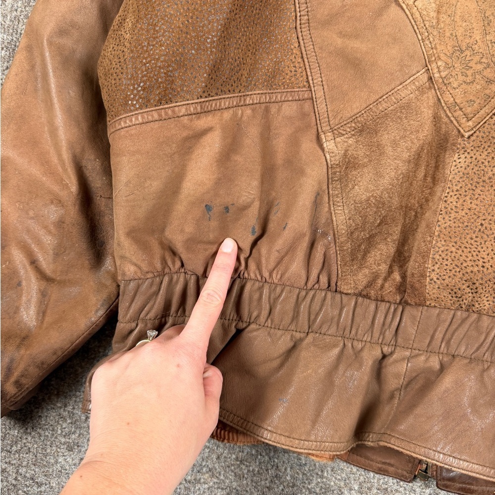 Vintage 80s Leather Suede Paisley Patchwork Bomber Jacket Womens M Brown Western - Picture 14 of 15